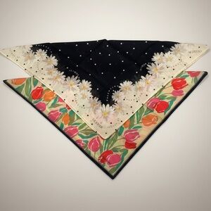 VTG Scarf Lot Oliver by Valentino Daisy Polka Dot + Tulip Floral Private Label
